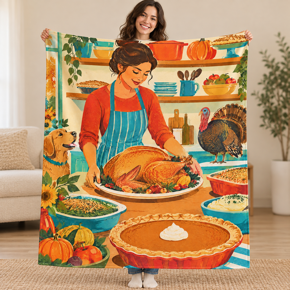 Kitchen Shelves blanket, held open
