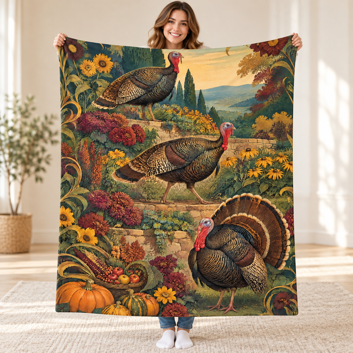 Terraced Garden Turkeys blanket, held open
