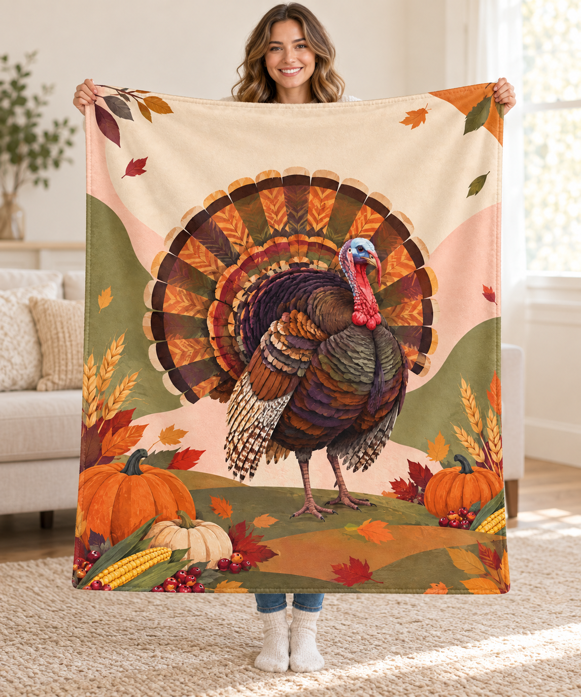 Patterned Harvest Fan blanket, held open