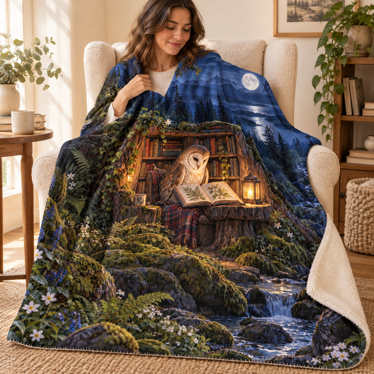 Moonlit Owl Library blanket, wrapped around a reader