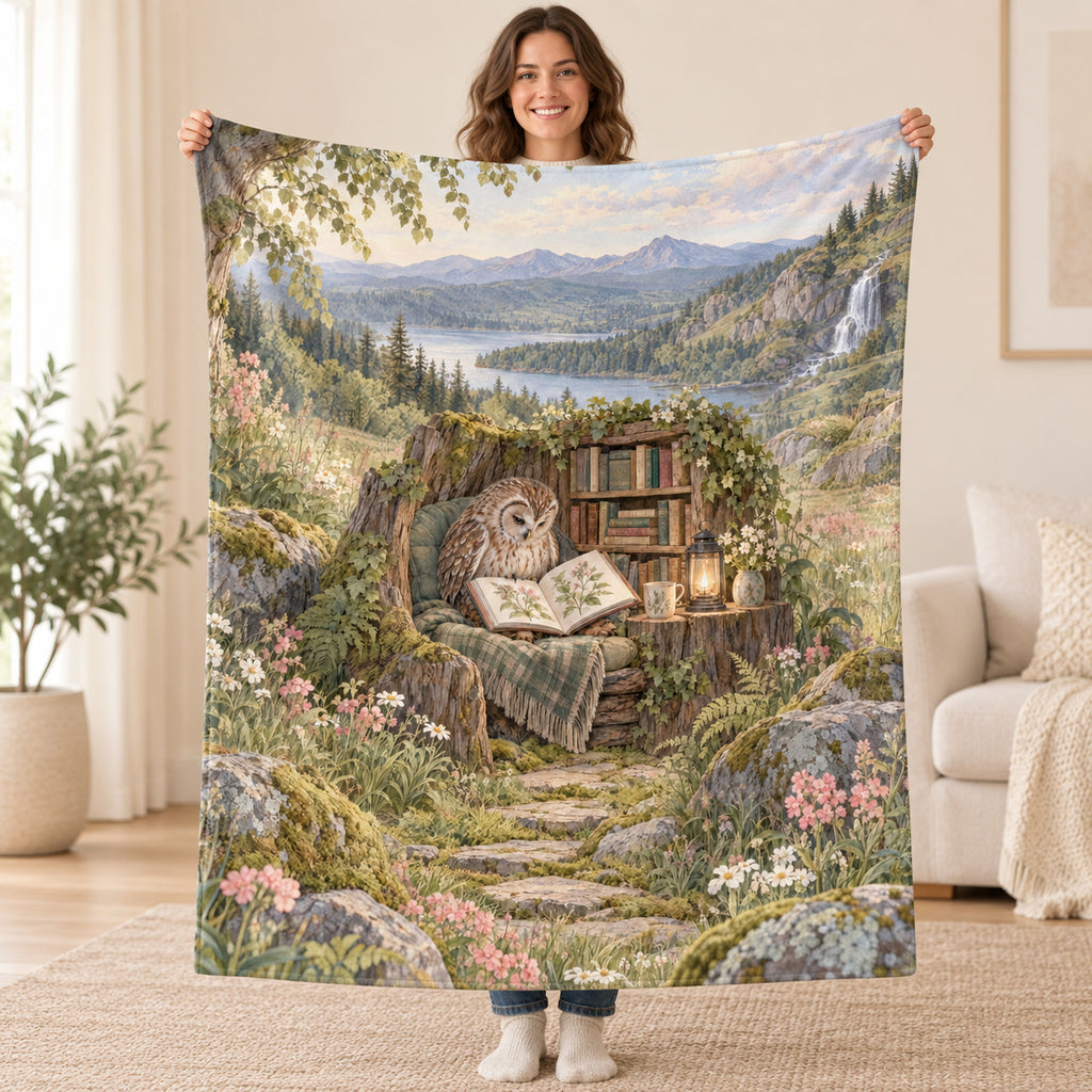 Meadow Poetry Owl blanket, held open