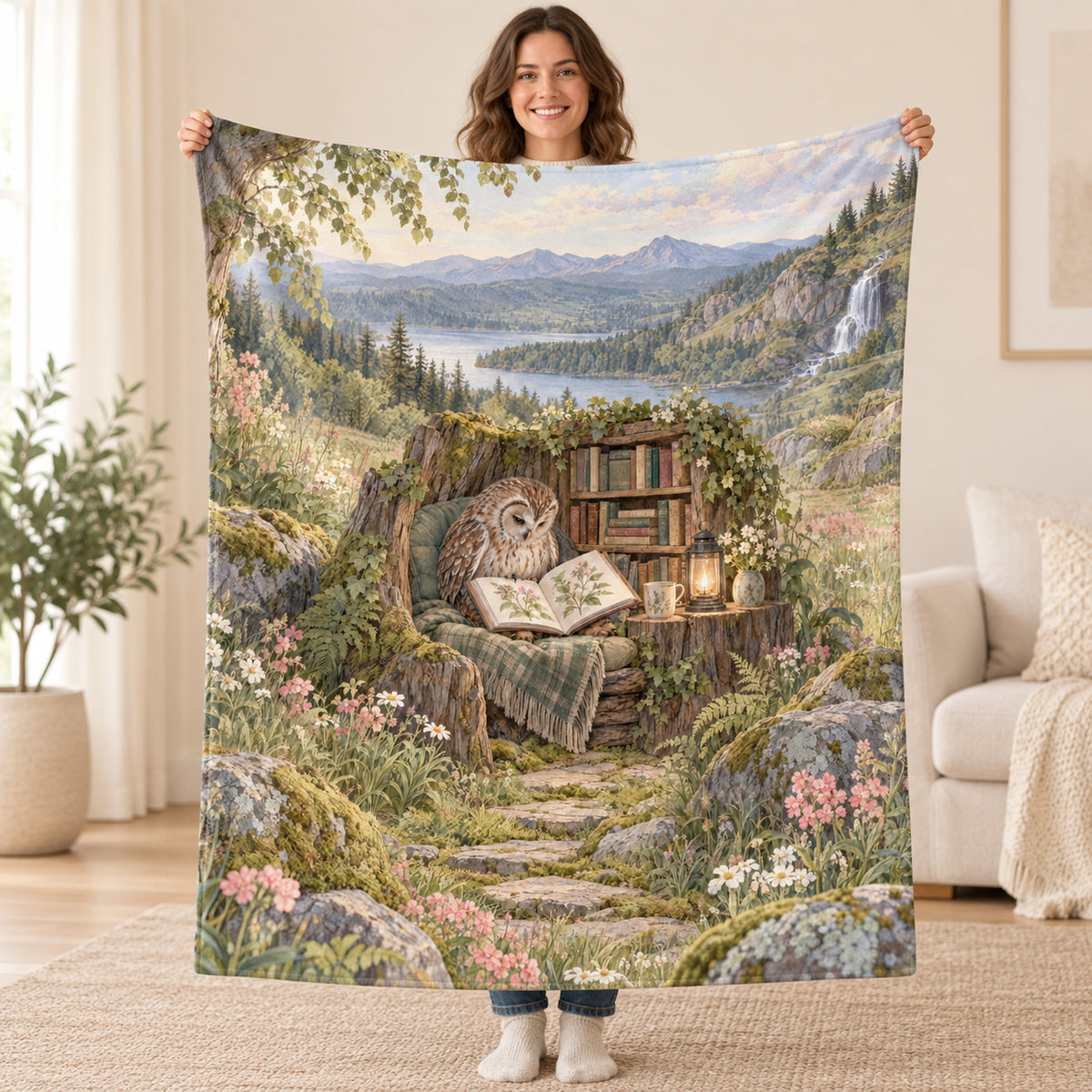 Meadow Poetry Owl blanket, held open