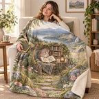 Meadow Poetry Owl blanket, wrapped around a reader