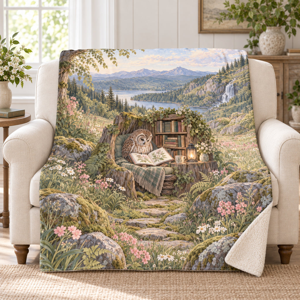 Meadow Poetry Owl blanket, on a sofa