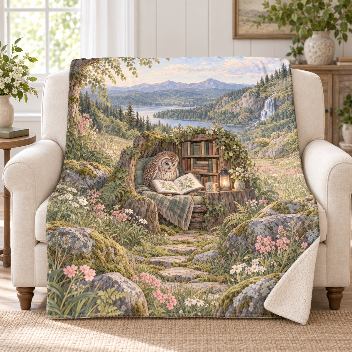 Meadow Poetry Owl blanket, on a sofa