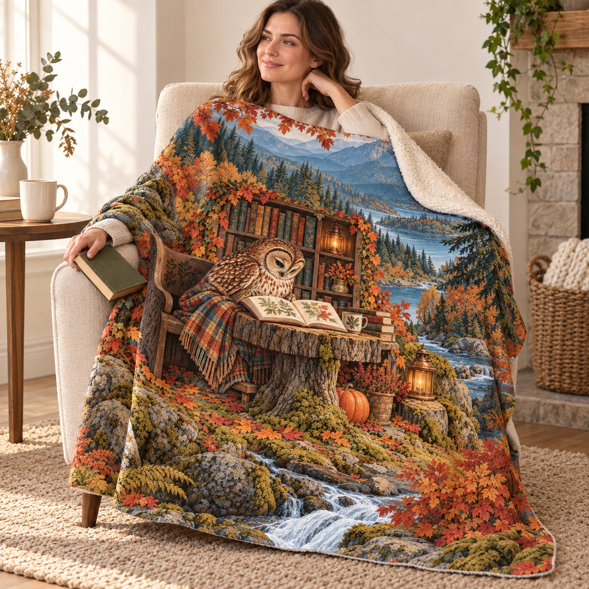 Autumn Almanac blanket, wrapped around a reader