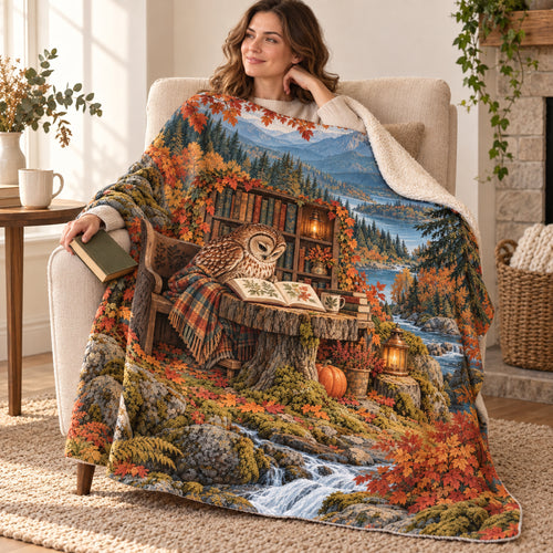 Autumn Almanac blanket, wrapped around a reader