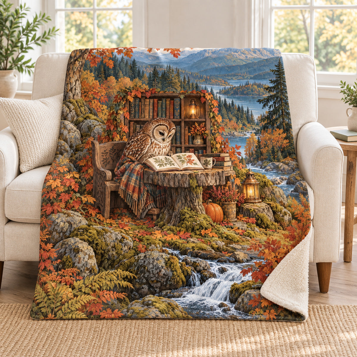 Autumn Almanac blanket, on a sofa