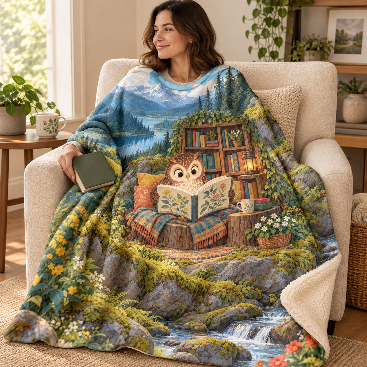 Little Owl's Big Book blanket, wrapped around a reader
