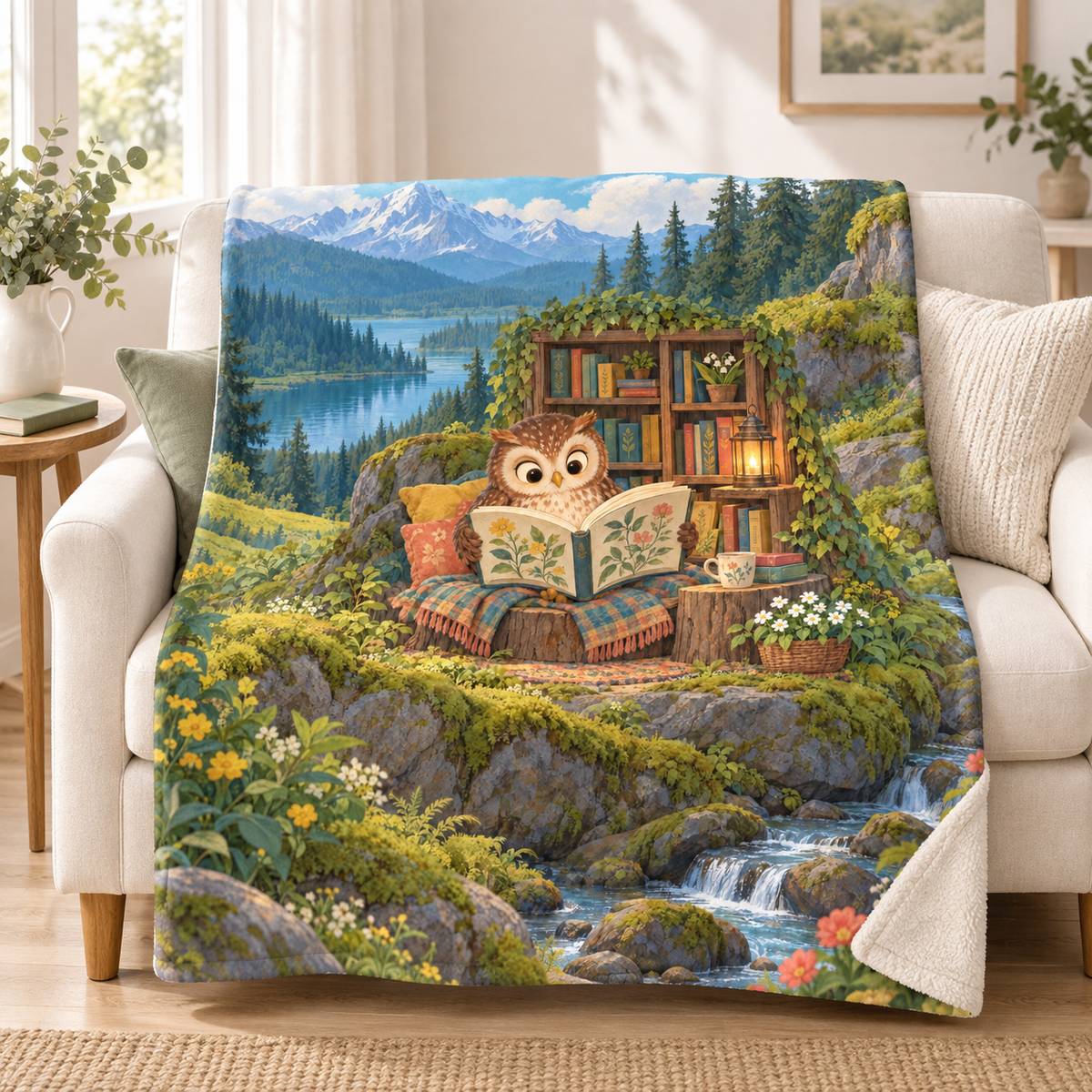 Little Owl's Big Book blanket, on a sofa