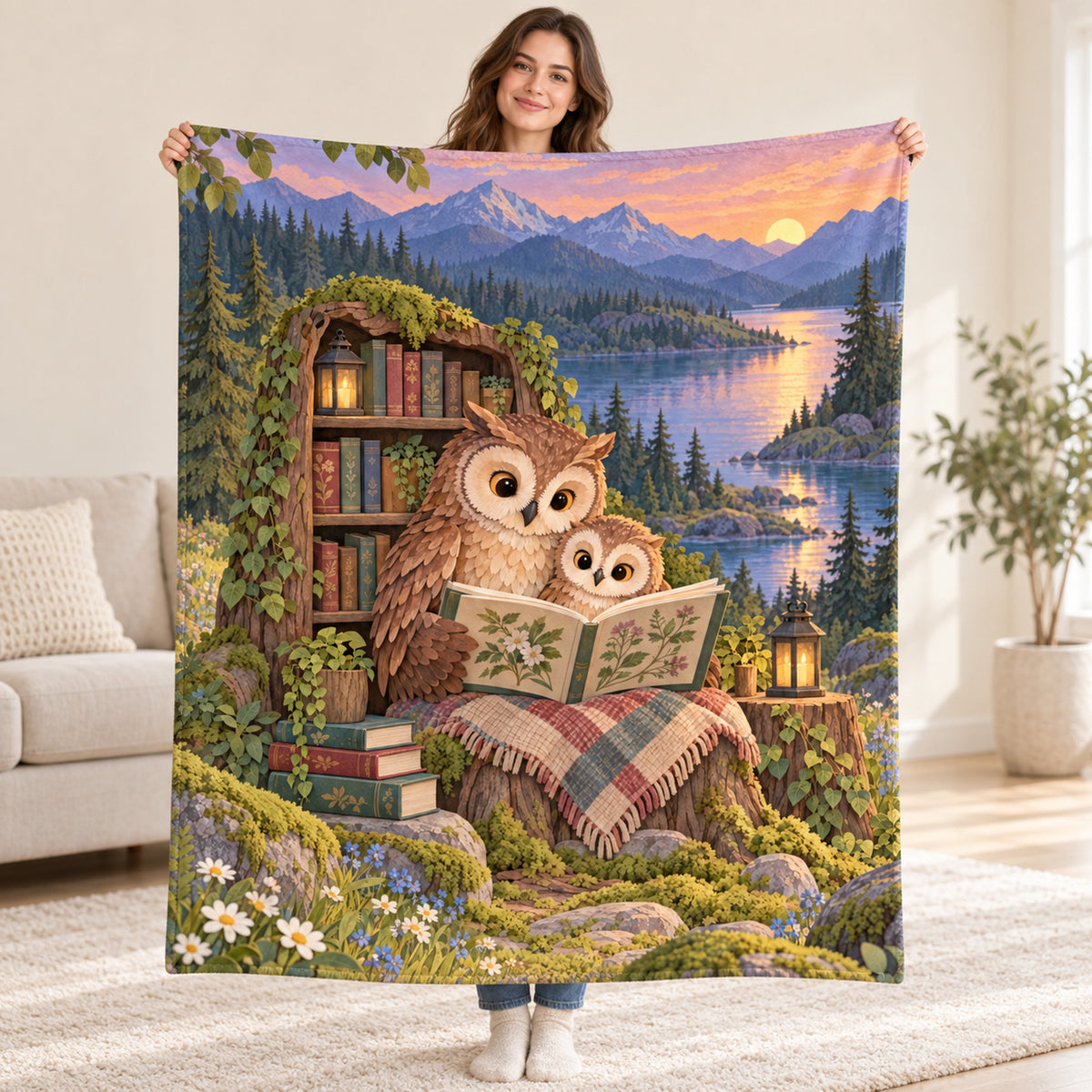 Owl Family Storytime blanket, held open