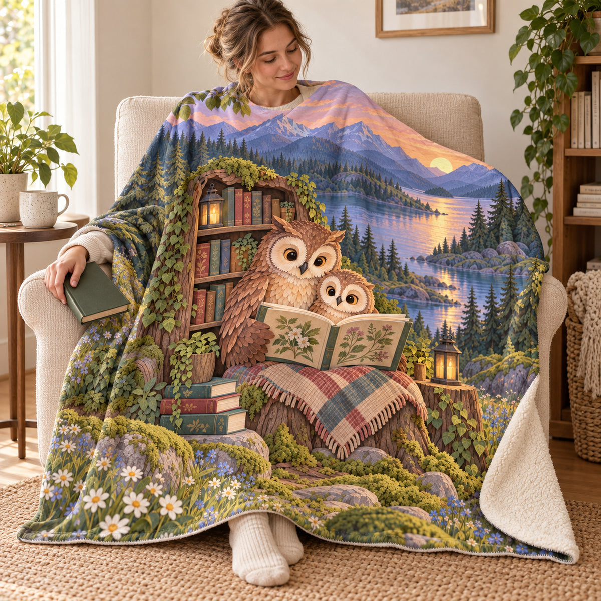 Owl Family Storytime blanket, wrapped around a reader