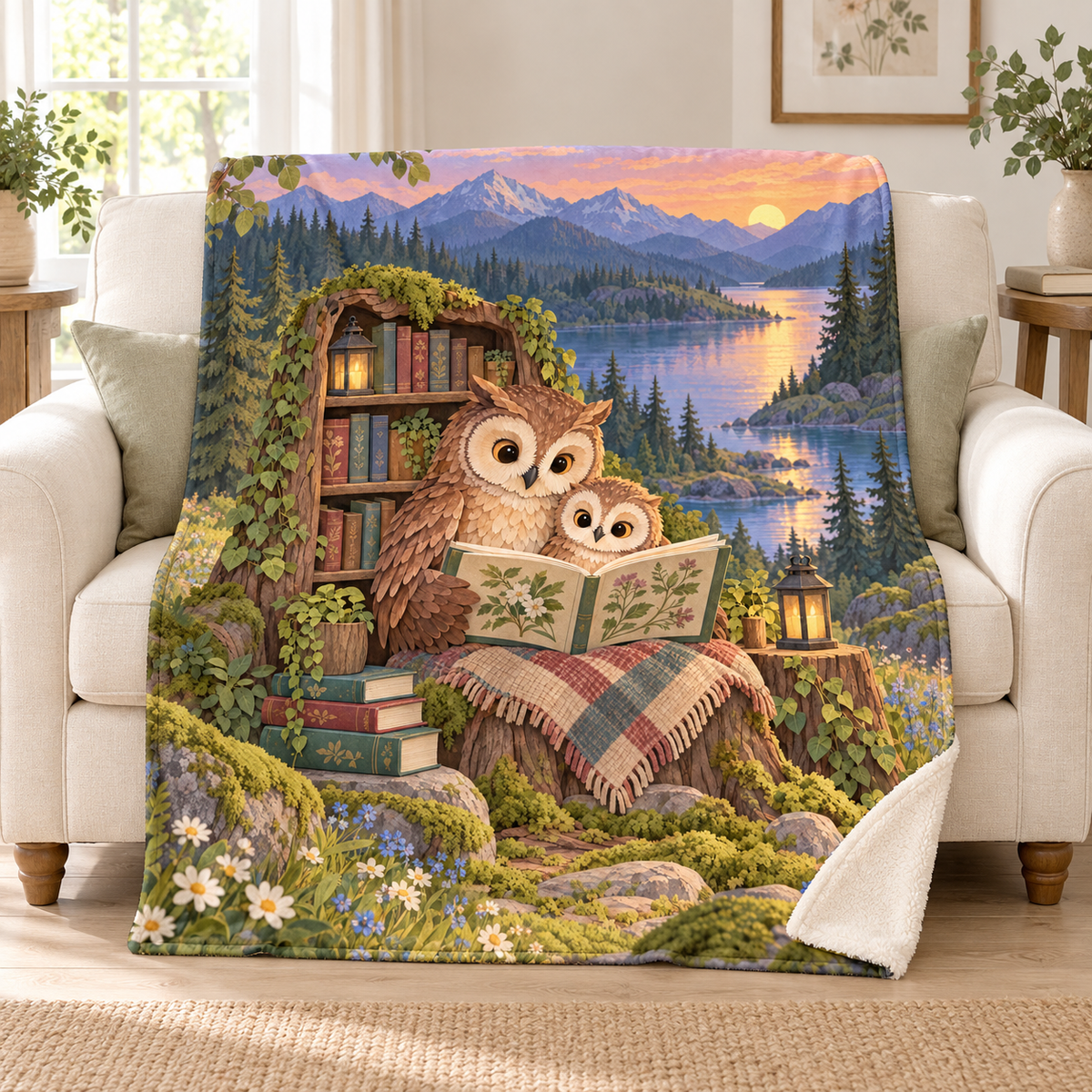 Owl Family Storytime blanket, on a sofa