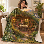 The Burrow Library blanket, wrapped around a reader