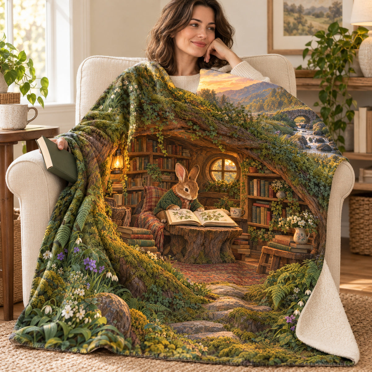 The Burrow Library blanket, wrapped around a reader