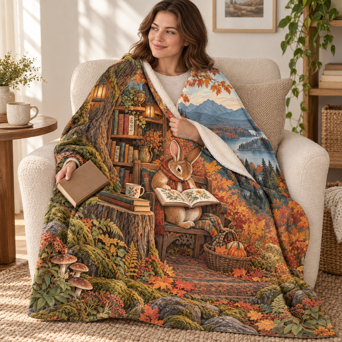 The Harvest Reader blanket, wrapped around a reader