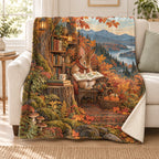 The Harvest Reader blanket, on a sofa
