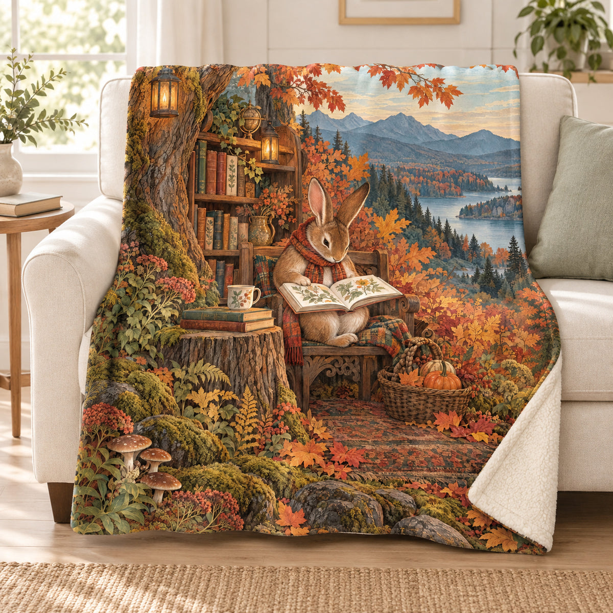 The Harvest Reader blanket, on a sofa