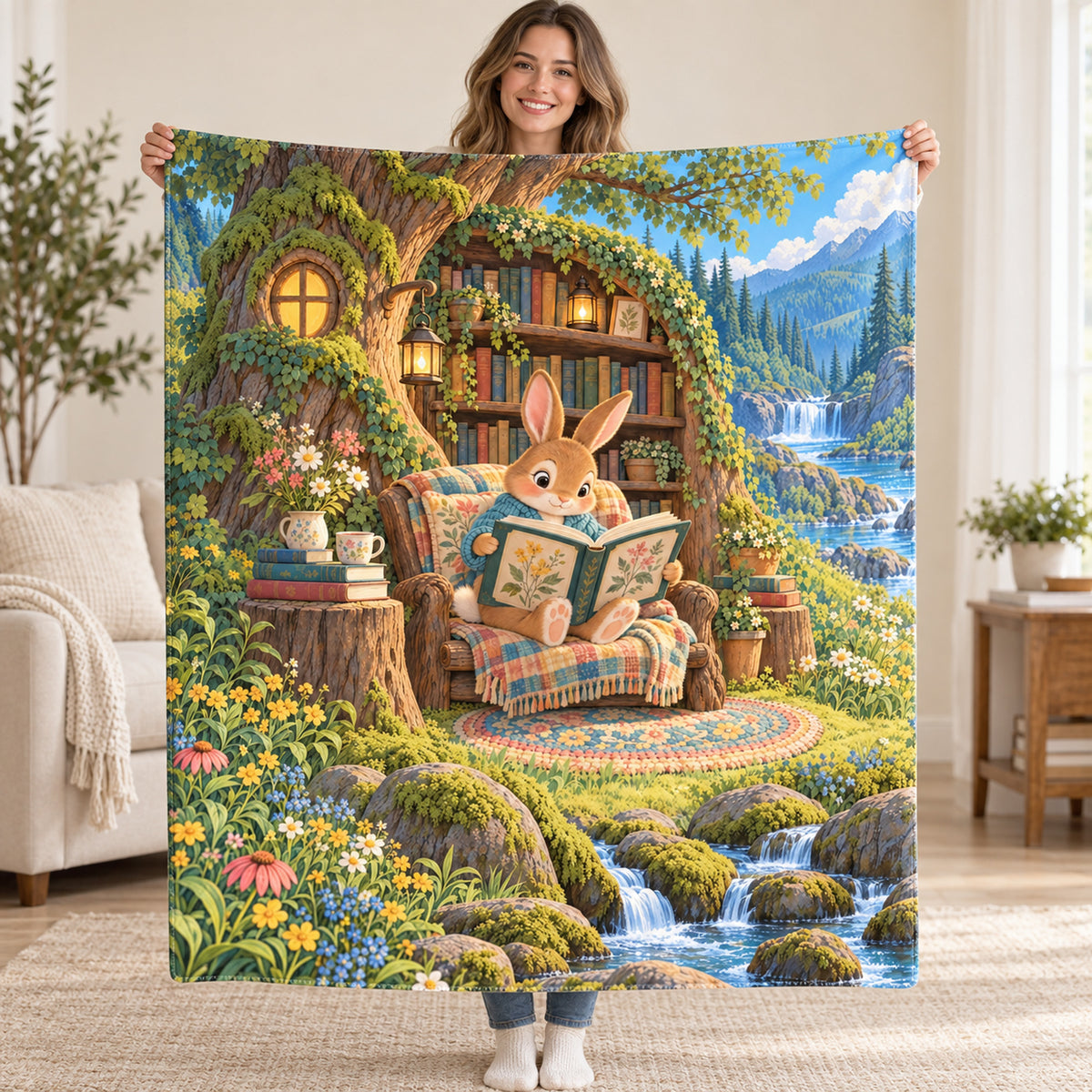 One More Bunny Story blanket, held open