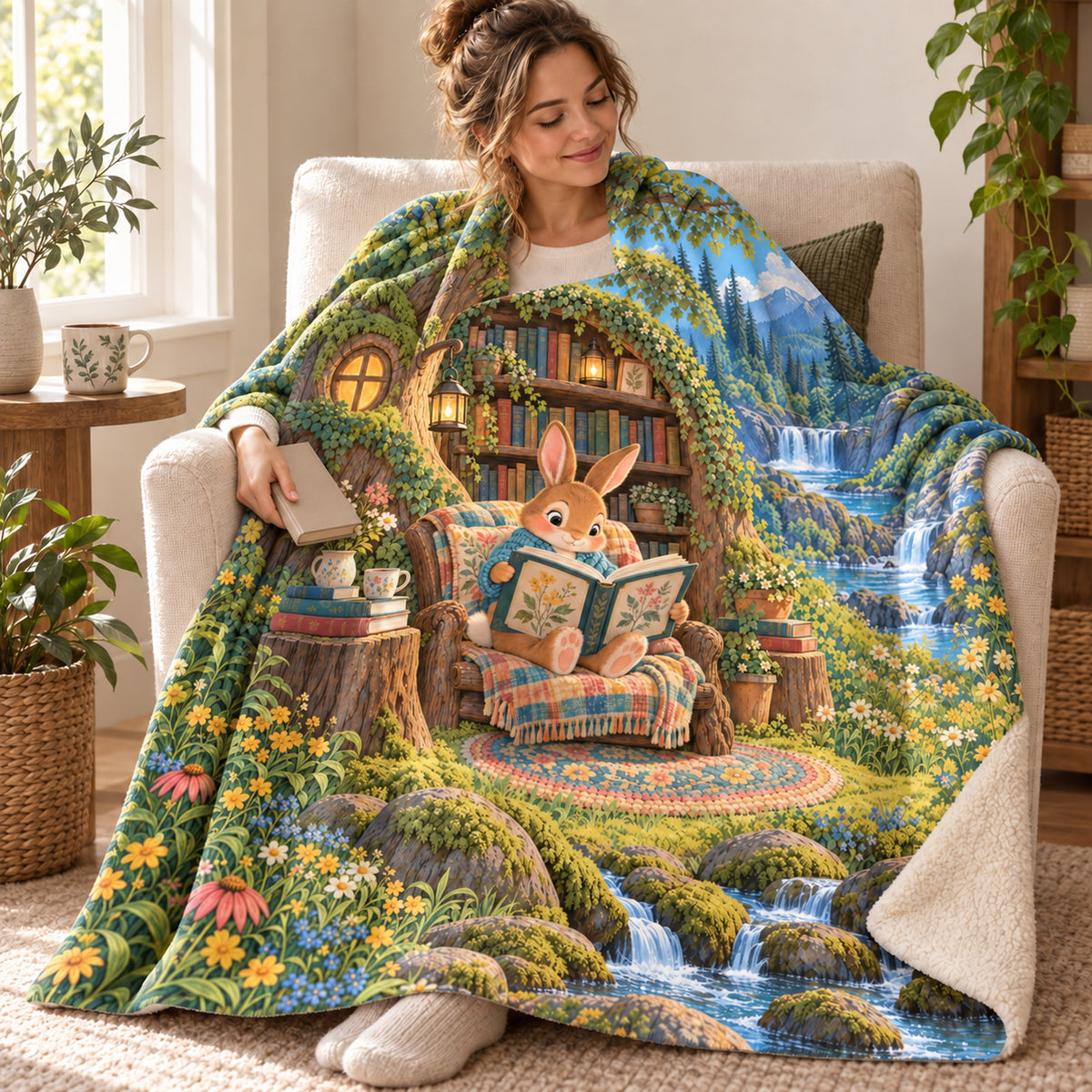 One More Bunny Story blanket, wrapped around a reader