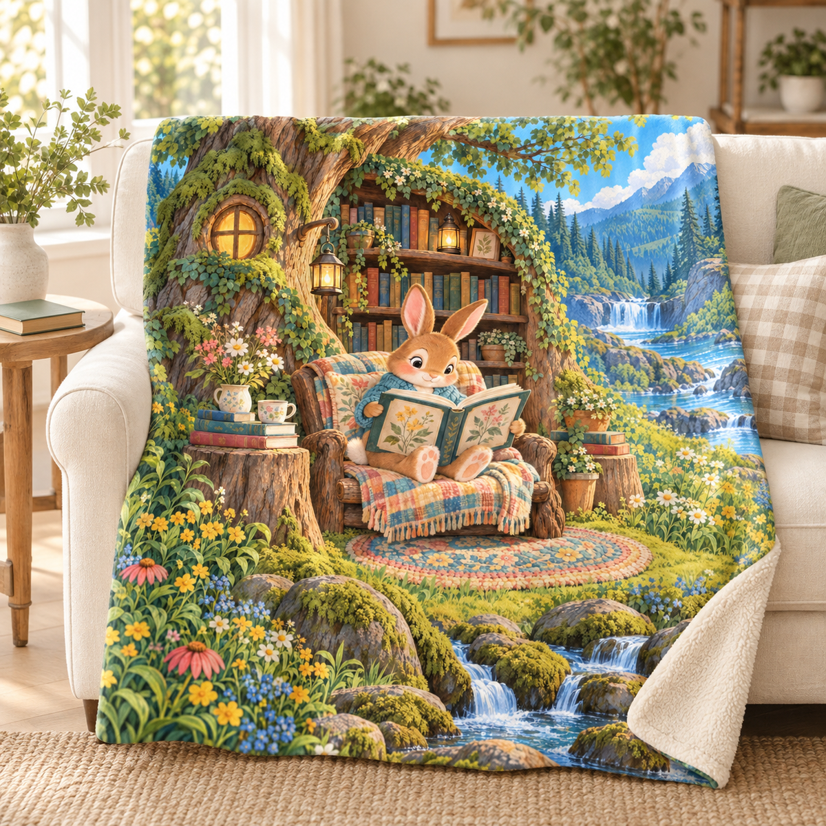 One More Bunny Story blanket, on a sofa