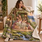 Mother Rabbit Reads blanket, wrapped around a reader