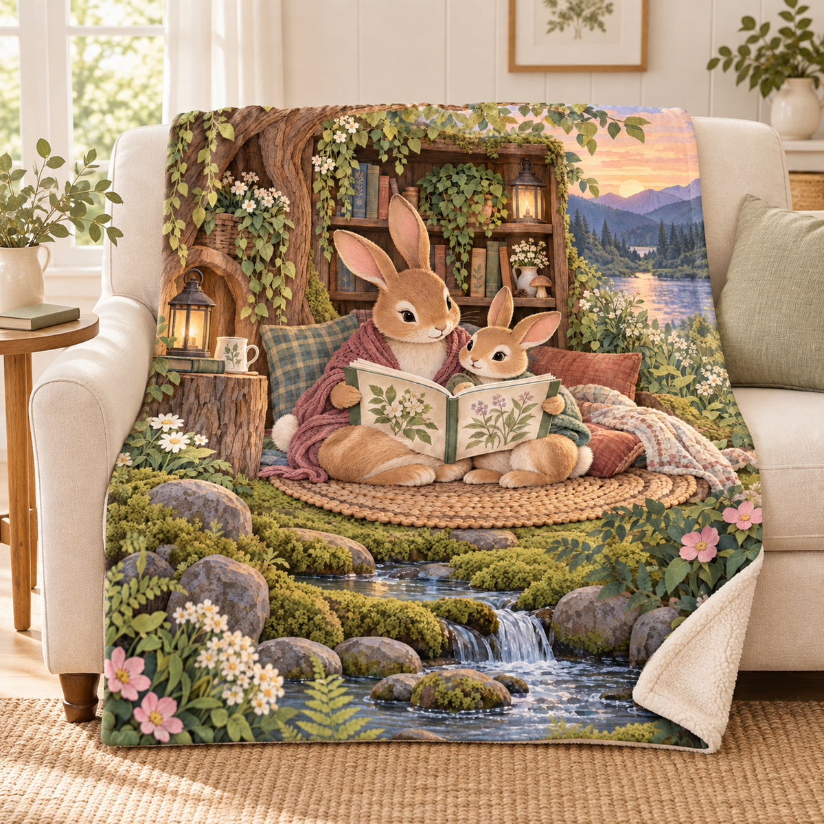 Mother Rabbit Reads blanket, on a sofa