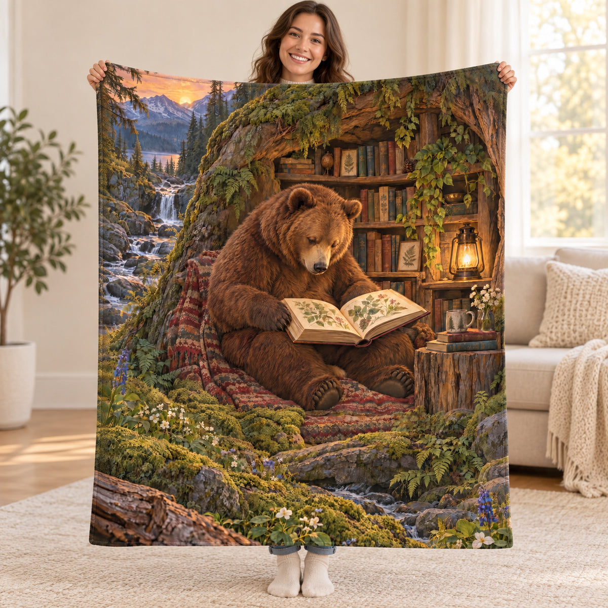 The Cabin Librarian blanket, held open