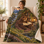The Cabin Librarian blanket, wrapped around a reader