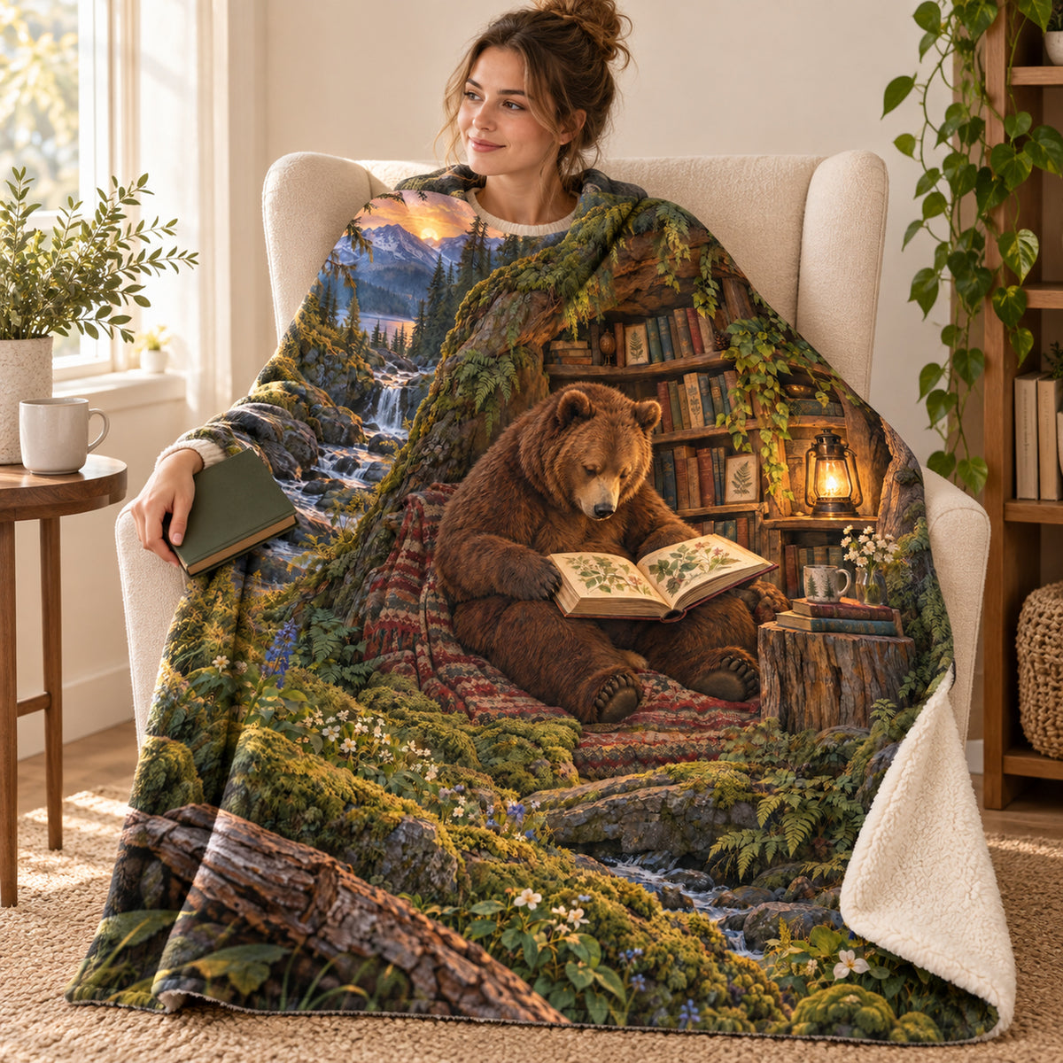 The Cabin Librarian blanket, wrapped around a reader