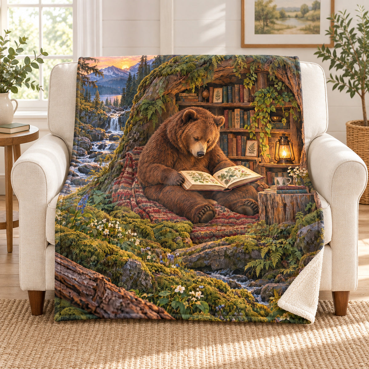 The Cabin Librarian blanket, on a sofa