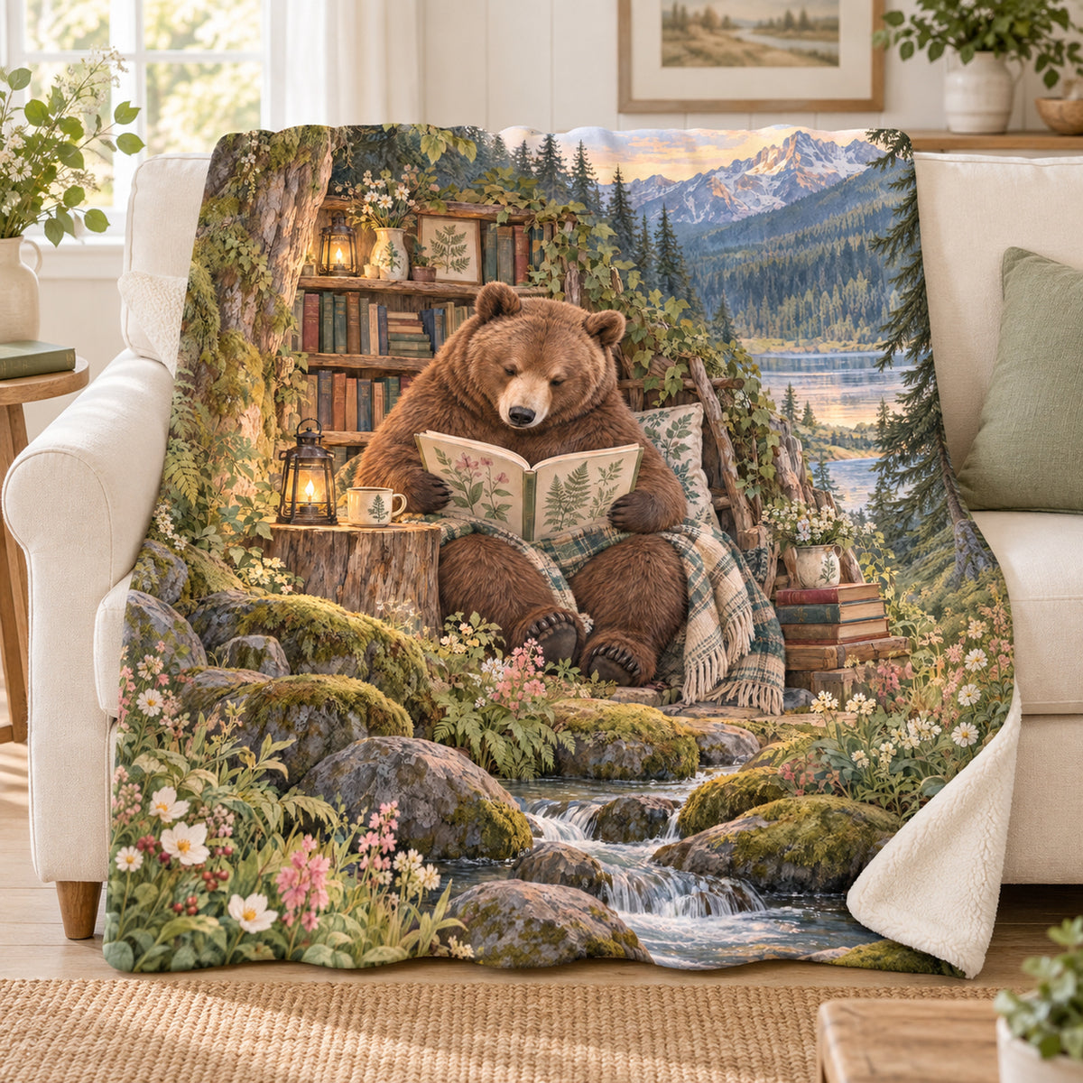 Honey and Poetry blanket, on a sofa