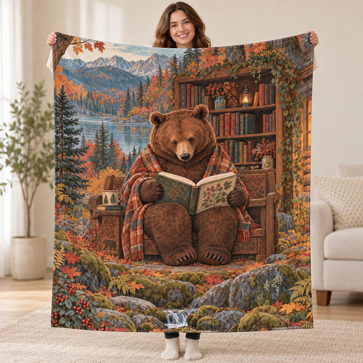 Autumn Cabin Pages blanket, held open