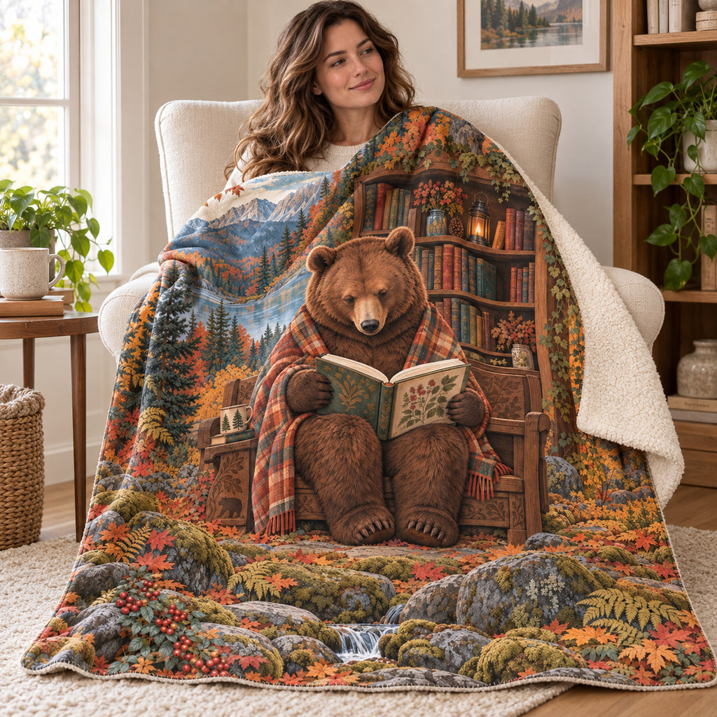 Autumn Cabin Pages blanket, wrapped around a reader