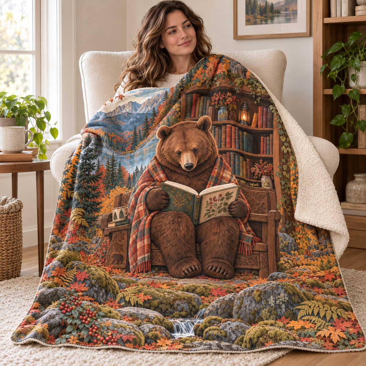 Autumn Cabin Pages blanket, wrapped around a reader