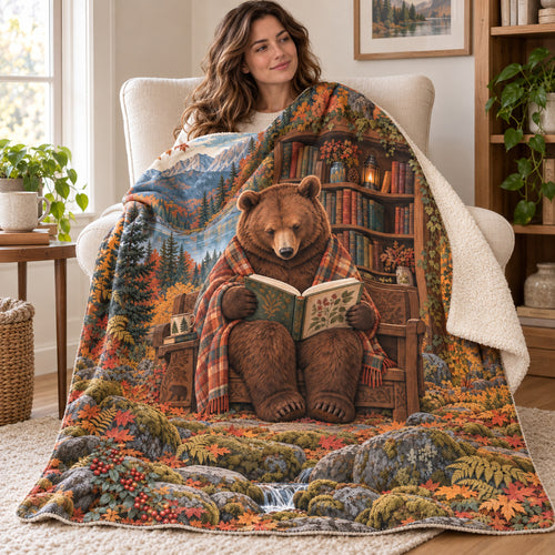 Autumn Cabin Pages blanket, wrapped around a reader