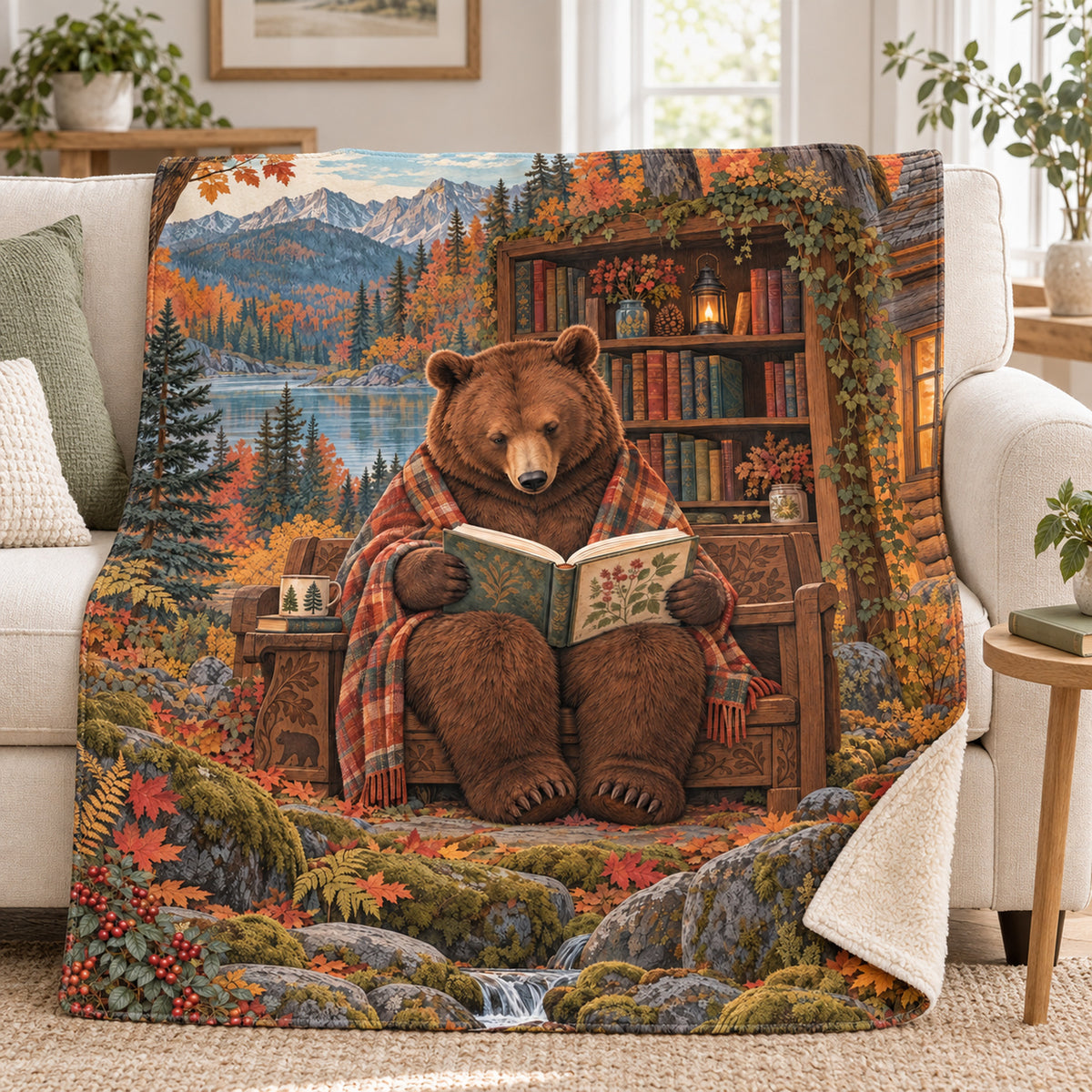 Autumn Cabin Pages blanket, on a sofa