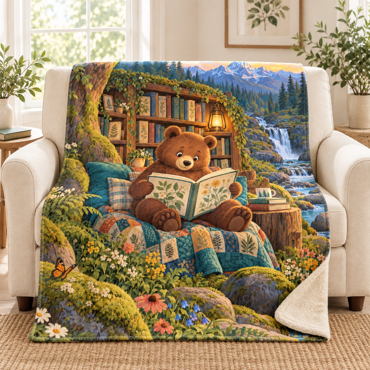 Little Bear's Big Book blanket, on a sofa