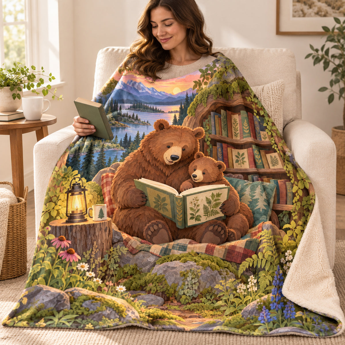 Bear Cub Storytime blanket, wrapped around a reader