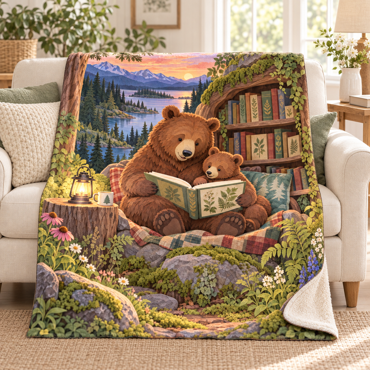 Bear Cub Storytime blanket, on a sofa