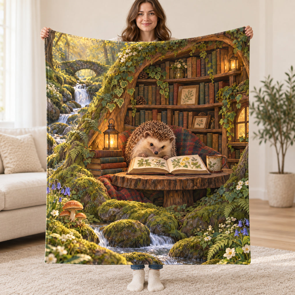 The Mossy Library blanket, held open