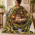 The Mossy Library blanket, wrapped around a reader