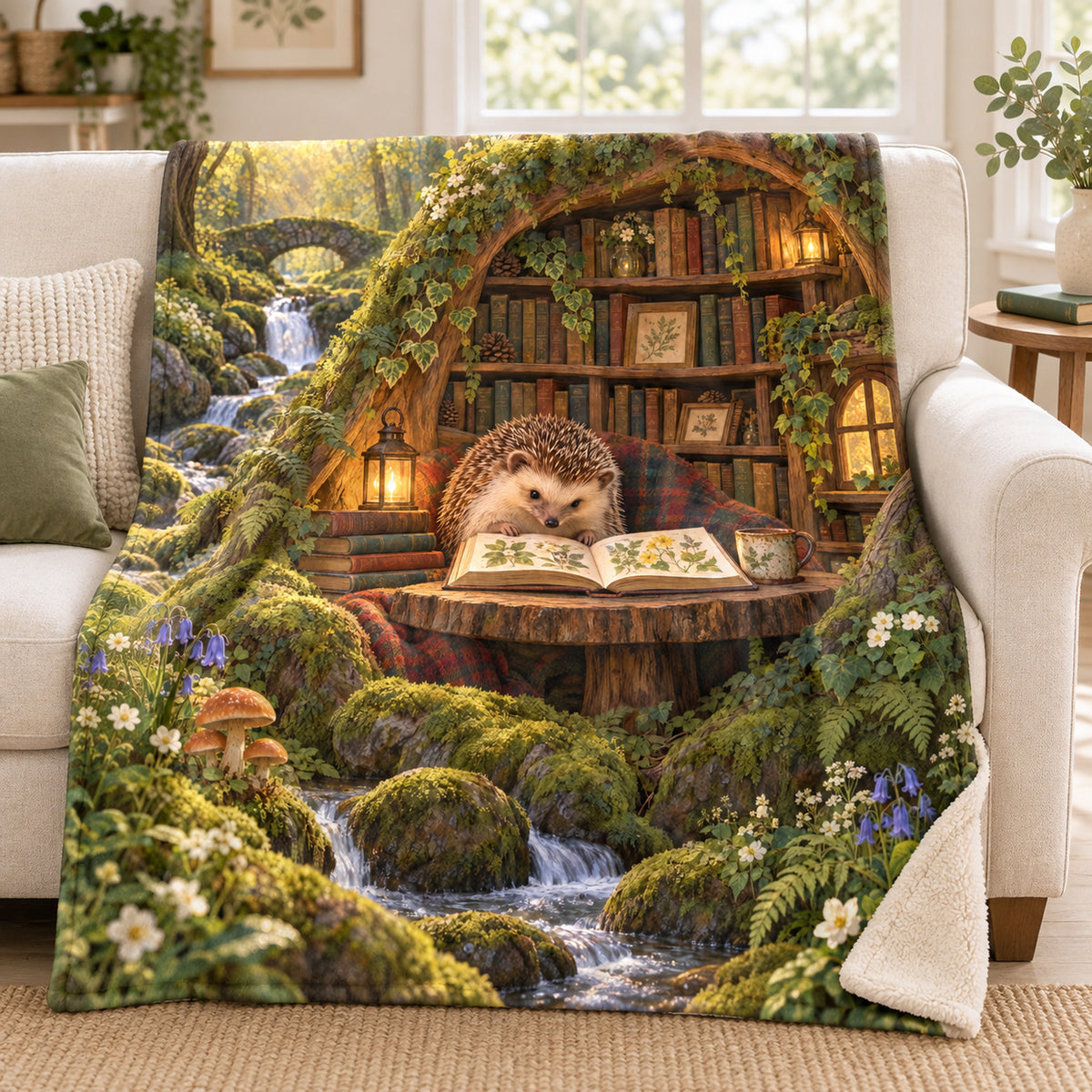 The Mossy Library blanket, on a sofa