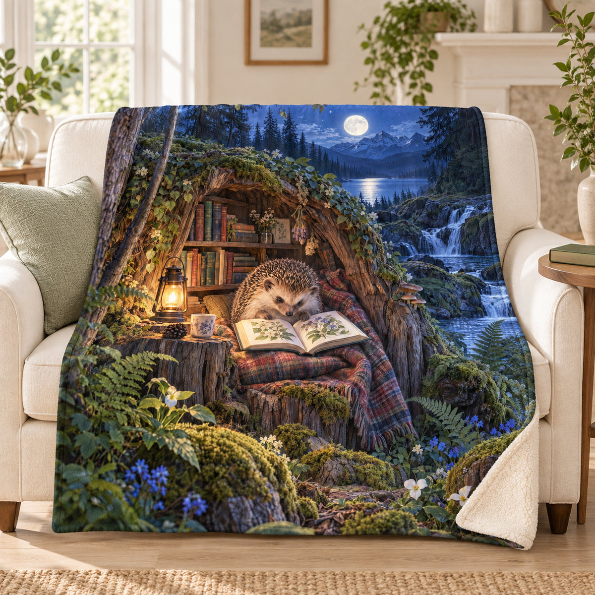 Starlit Hedgehog blanket, on a sofa