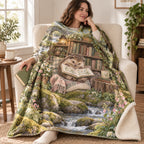 Daisy Poetry blanket, wrapped around a reader