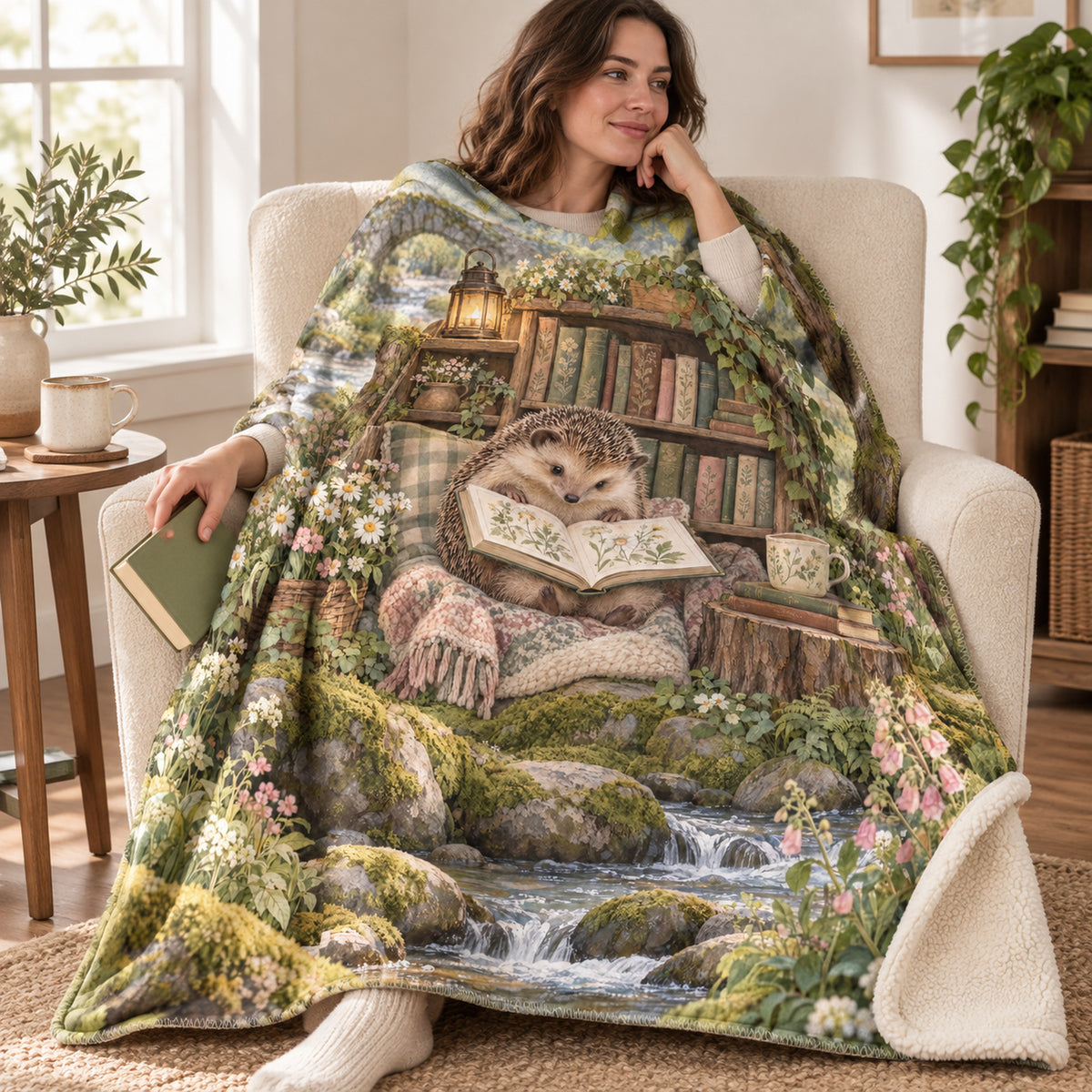 Daisy Poetry blanket, wrapped around a reader