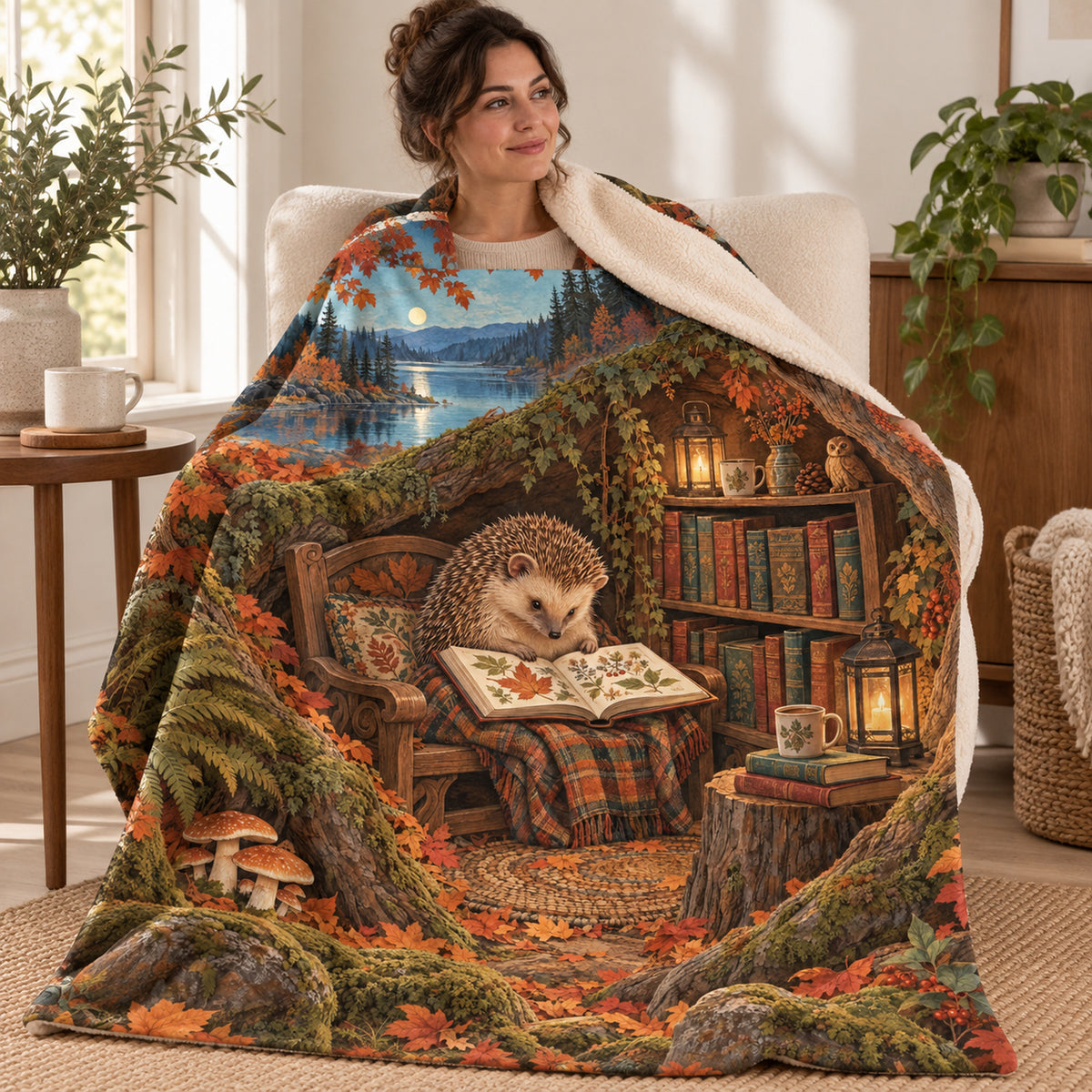 Autumn Leaf Almanac blanket, wrapped around a reader