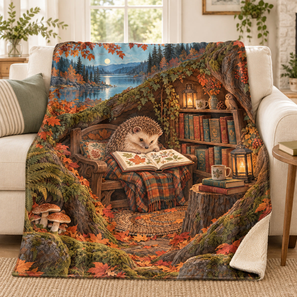 Autumn Leaf Almanac blanket, on a sofa