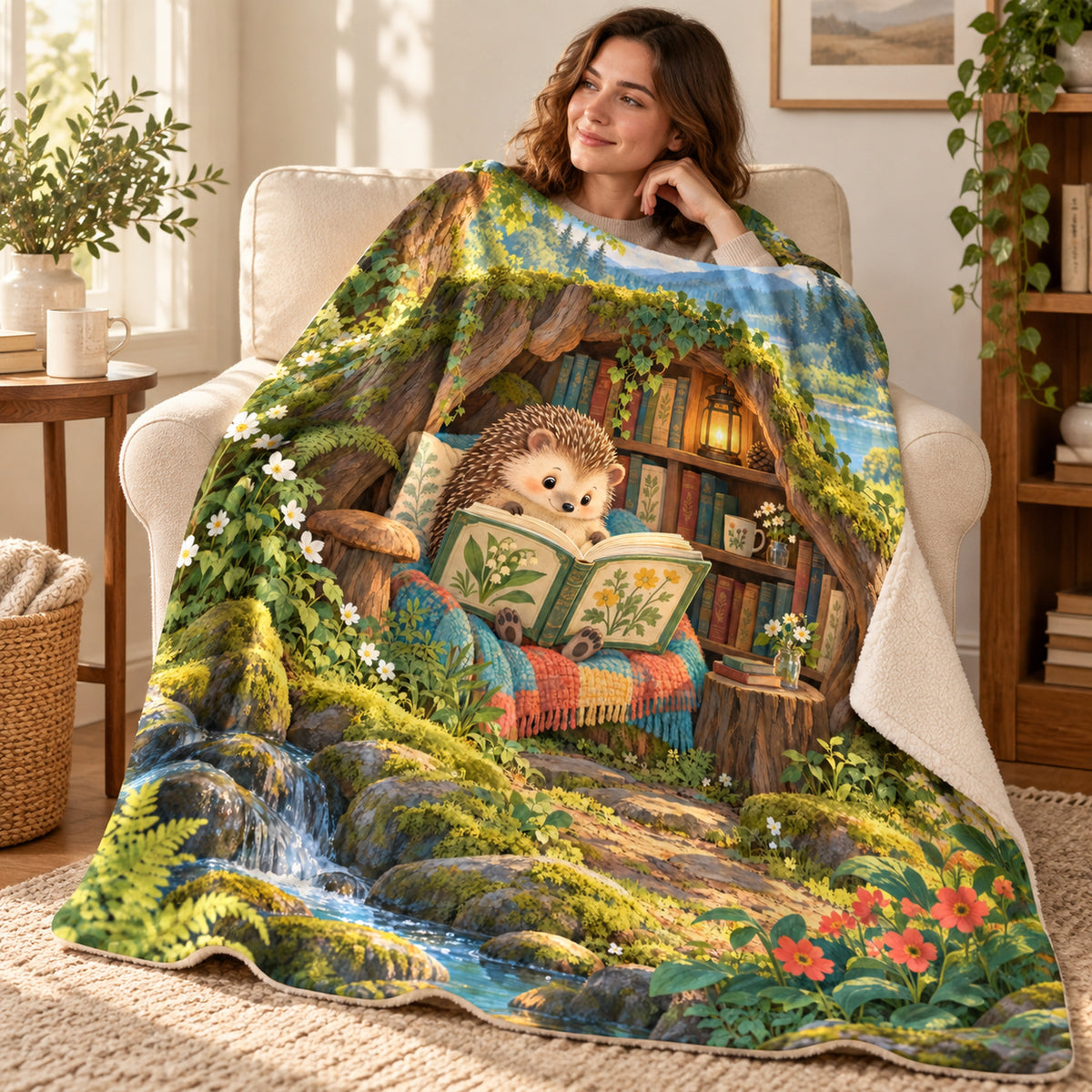 Tiny Book Big Adventure blanket, wrapped around a reader