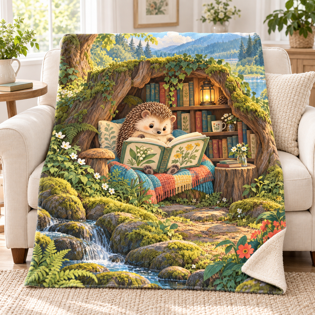 Tiny Book Big Adventure blanket, on a sofa